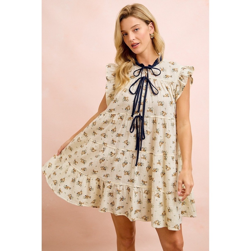 BiBi Floral Multi-tierd Dress With Ruffles And Front Tie - Oatmeal/Navy - Large - Picture 13 of 16